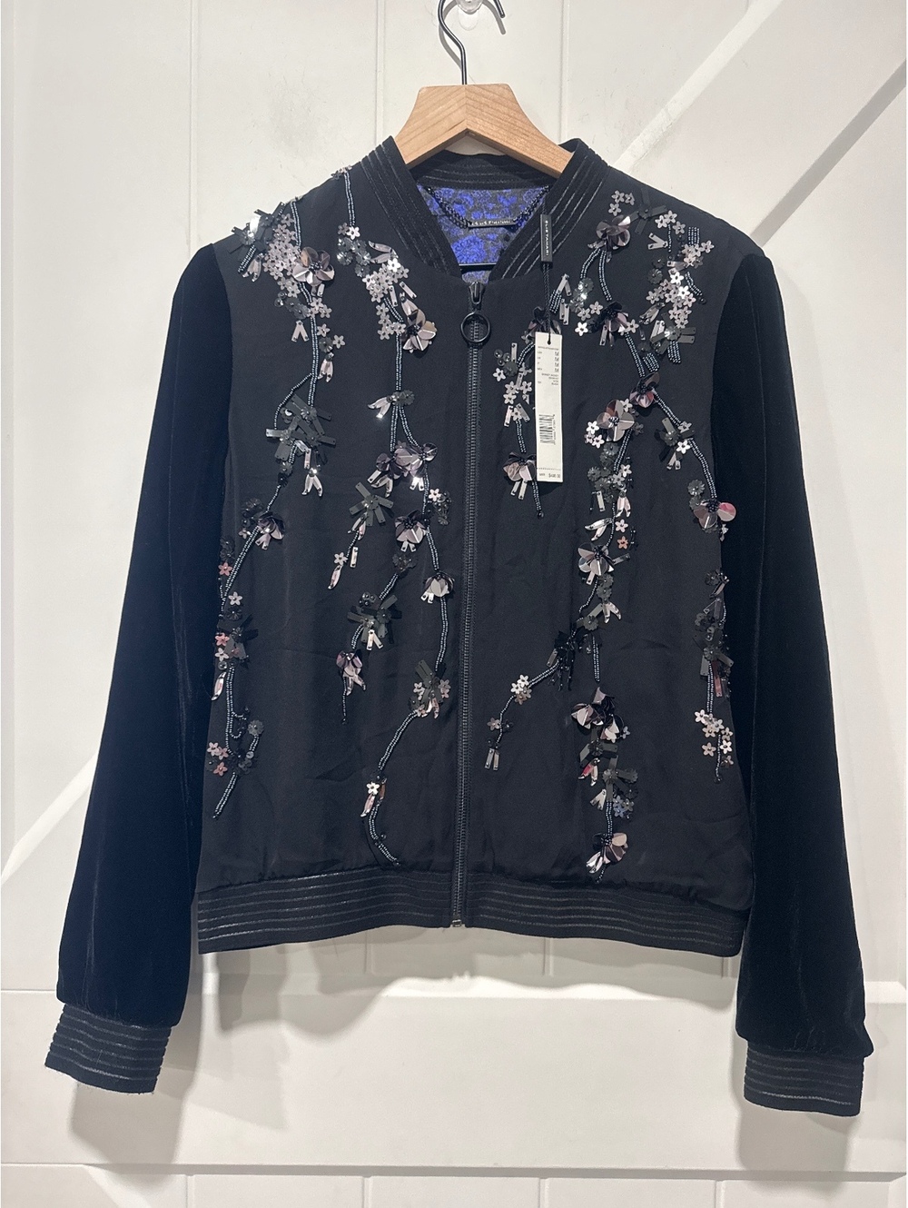 Elie Tahari Black Embellished Velvet and Satin Bomber Jacket, NWT, Size M